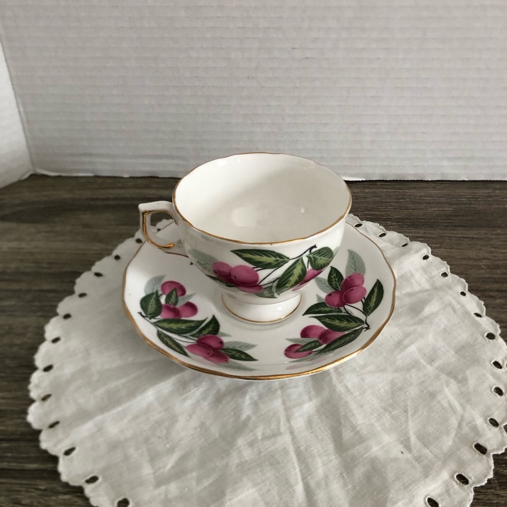 Vtg Cherry Design Bone China Teacup and Saucer